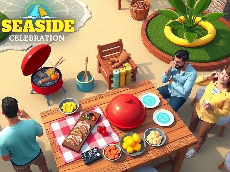Virtual beach party in Seaside BBQ Celebration Seaside BBQ Celebration party mode showing guests enjoying food